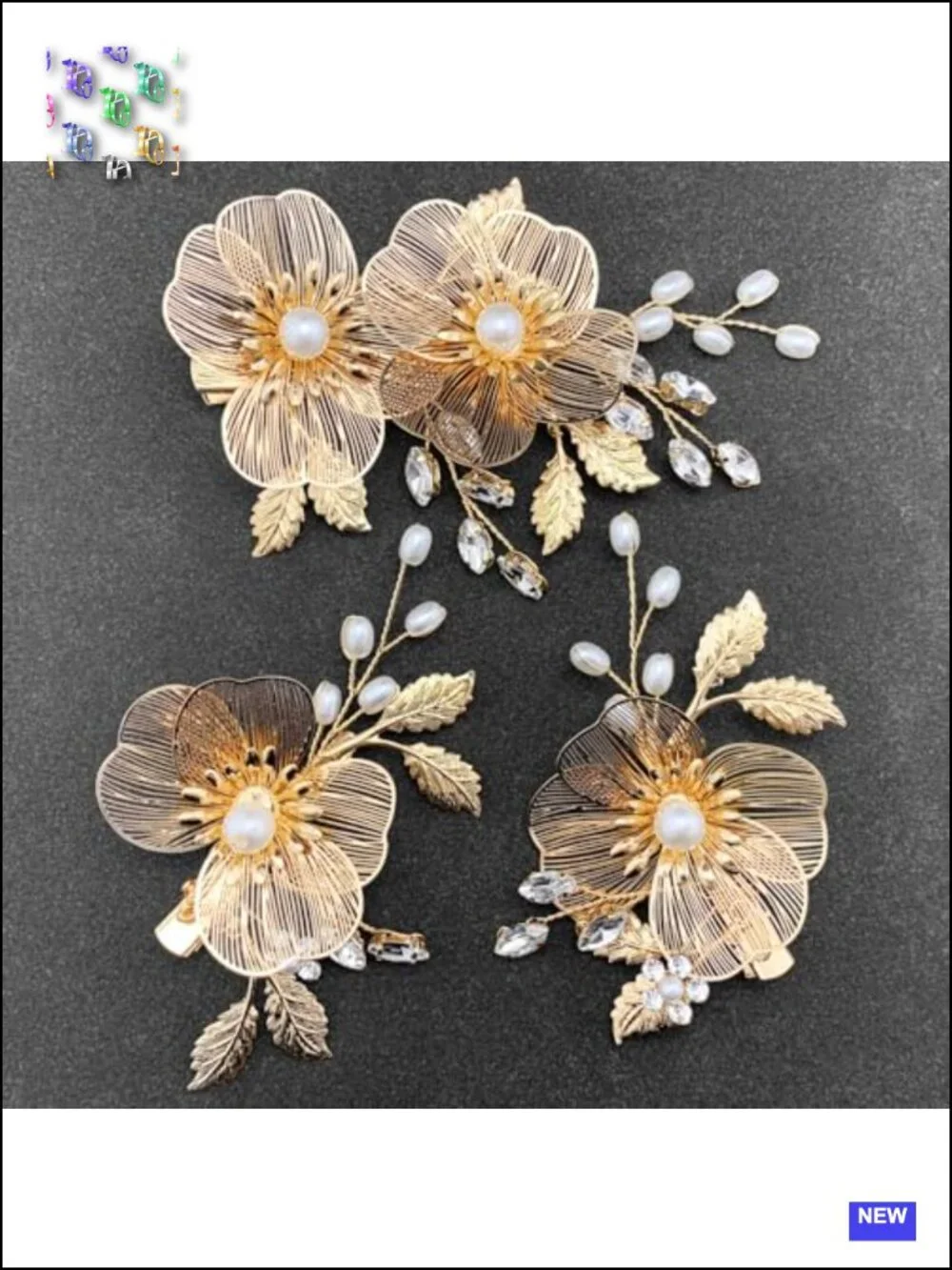Gold Floral Hair Clips Crystal Pearl Metal for Wedding (3 Pack)